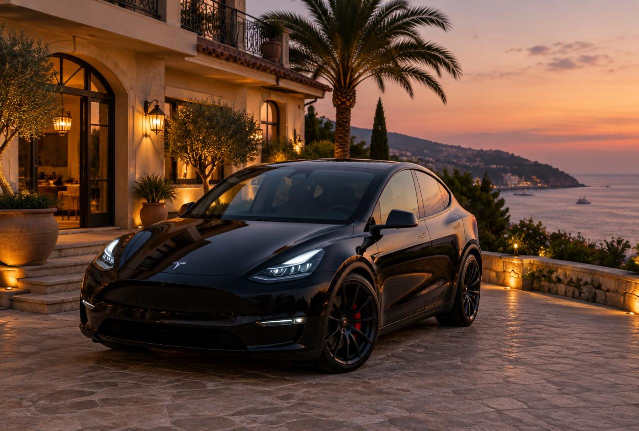 Berline électrique haut de gamme devant une villa de la Riviera